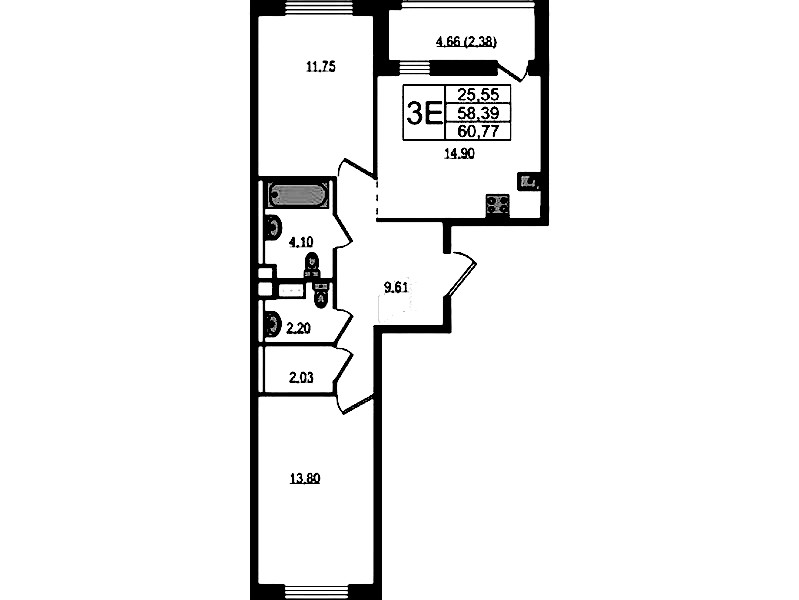2-комнатная квартира 60.77 м², 13/15 эт., ЖК «Южная Нева»